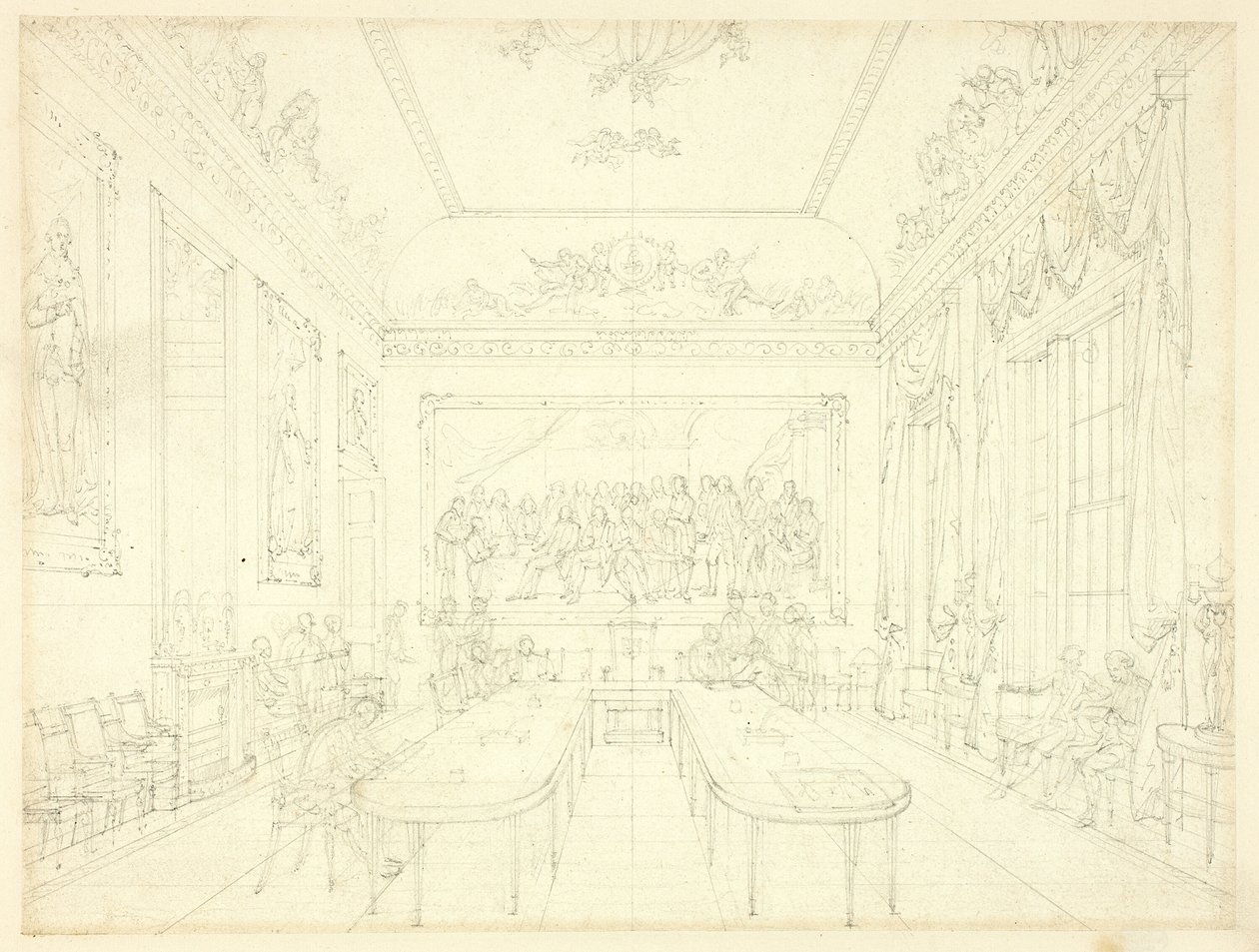 Studia dla Trinity House z Microcosm of London (recto); Szkic architektoniczny elewacji domów szeregowych (verso) autorstwa Augustus Charles Pugin