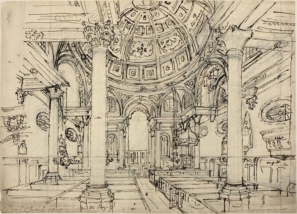 Studium dla Kościoła Walbrook (recto); Szkice żaglówek, ludzi i pontonów (verso) autorstwa Augustus Charles Pugin