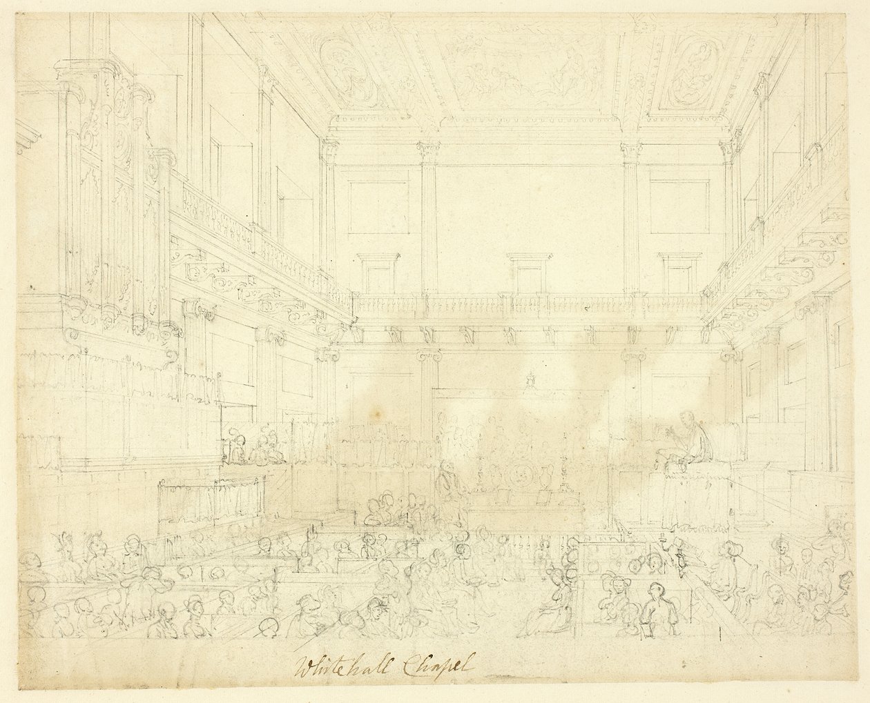 Studium dla Whitehall Chapel z Microcosm of London autorstwa Augustus Charles Pugin