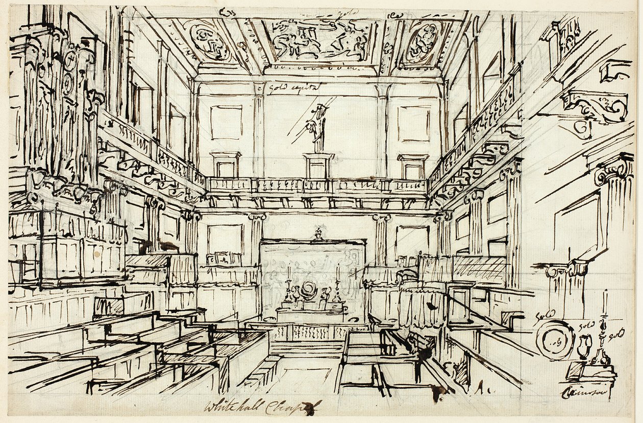 Studium dla Whitehall Chapel z Microcosm of London autorstwa Augustus Charles Pugin