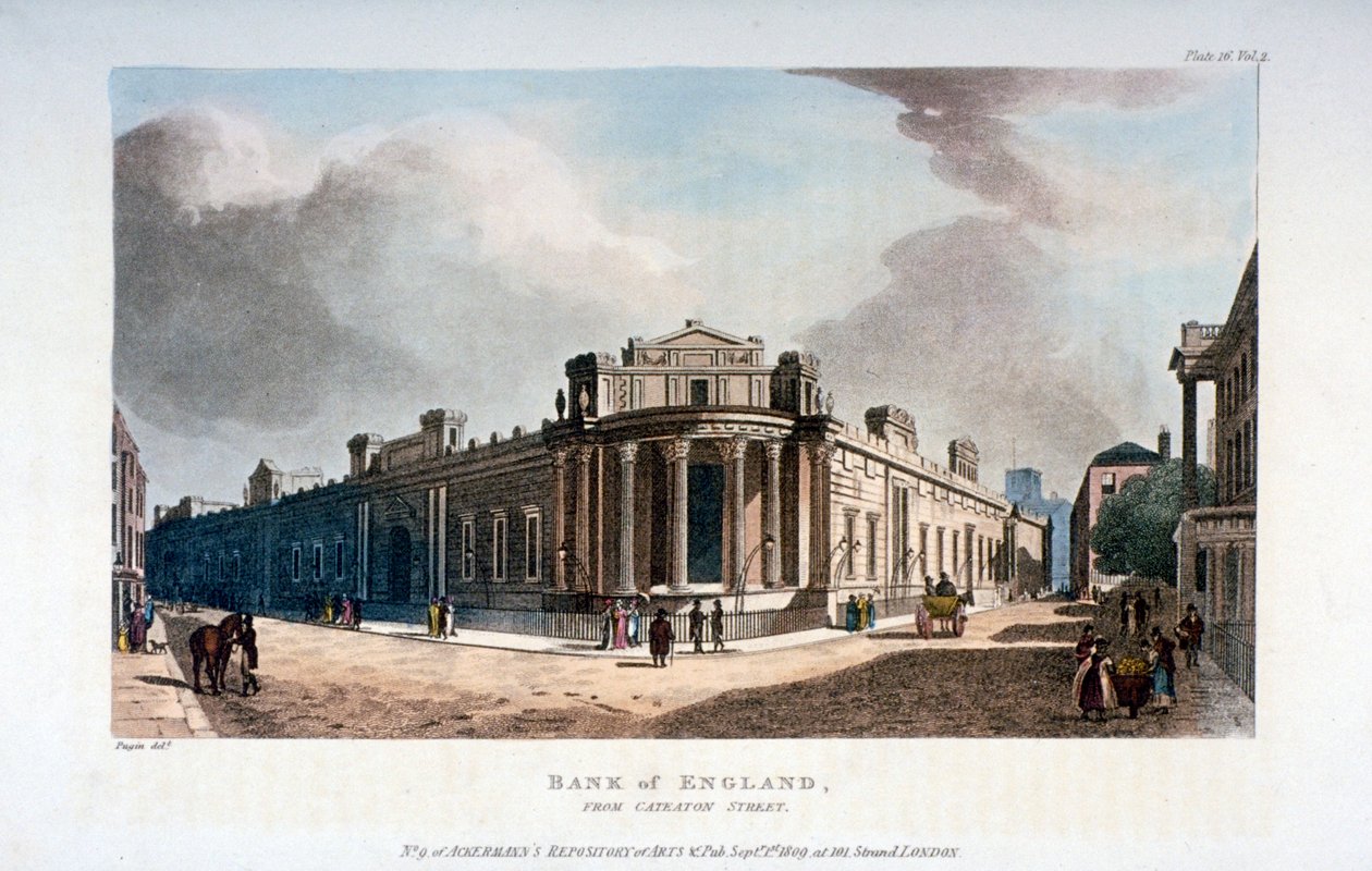 Bank Anglii, z Cateaton Street, City of London, 1809 autorstwa Augustus Charles Pugin