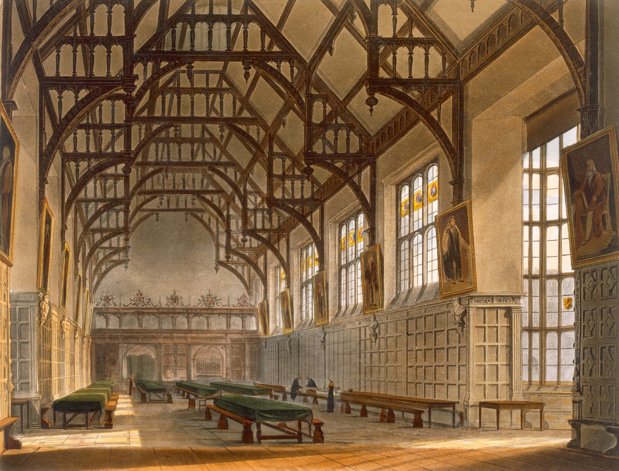 Hall of Trinity College, Cambridge, z „Historii Cambridge”, ryt. J. Bluck (fl.1791-1831), wyd. R. Ackermann, 1815 (akwatinta kolorowa) autorstwa Augustus Charles Pugin