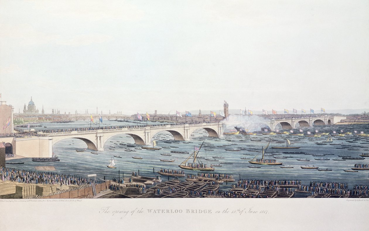Otwarcie mostu Waterloo 18 czerwca 1817, sztych. A. Pugin z rysunku W. Findlatera, sztych. R. Havell und Son, 1818 (kolorystyka) autorstwa Augustus Charles Pugin