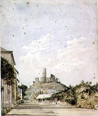 Widok na zrujnowany zamek autorstwa Augustus Charles Pugin