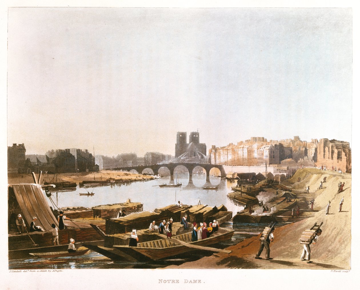Notre Dame, Ile de la Cite, Ile Saint Louis i Pont de la Tournelle, 1821 autorstwa Augustus Charles after Pugin