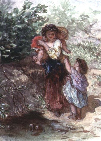 Dziewczyna stojąca z Dzieckiem na barkach, drugie Dziecko u boku (akwarela na papierze) autorstwa Augustus Jules Bouvier