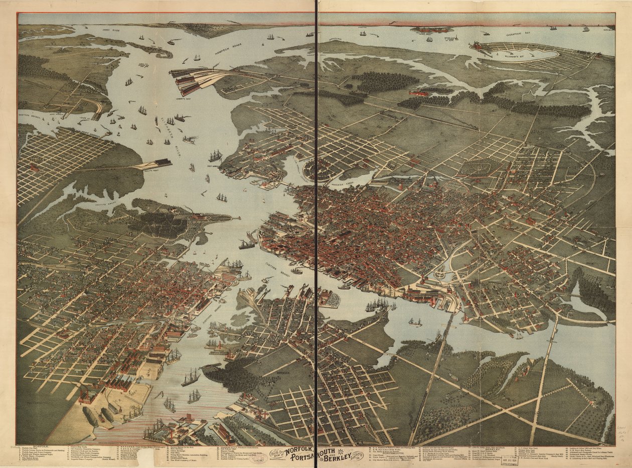 Widok z lotu ptaka na Norfolk, Portsmouth i Berkley, Norfolk Co., Va. autorstwa Augustus; Morning News Lith Koch