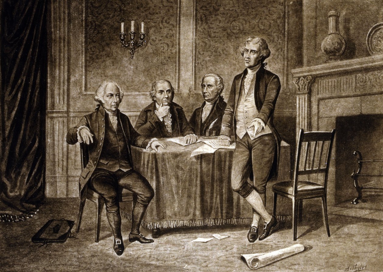 Przywódcy Kongresu Kontynentalnego 1775: John Adams, Robert Morris, Alexander Hamilton, Thomas Jefferson, rysunek Augustusa Tholeya (1894) autorstwa Augustus Tholey