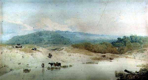 Widok w Yorkshire, rzeka i bydło, (rysunek) autorstwa Augustus Wall Callcott