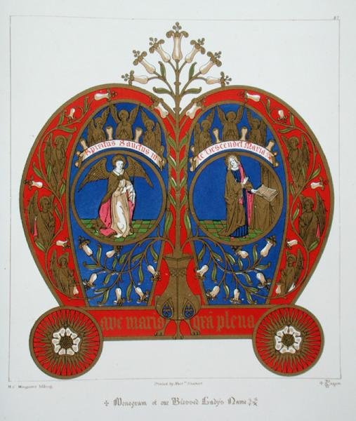 Monogram imienia Najświętszej Marii Panny, z „Słowniczka ozdób i dekoracji kościelnych”, litografia H.C. Maguire autorstwa Augustus Welby Northmore (after) Pugin