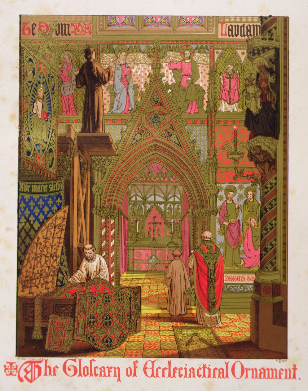 Gobeliny, obicia i obrusy ołtarzowe, z "The Glossary of Ecclesiastical Ornament and Costume", litografia autorstwa H.C. Maguire