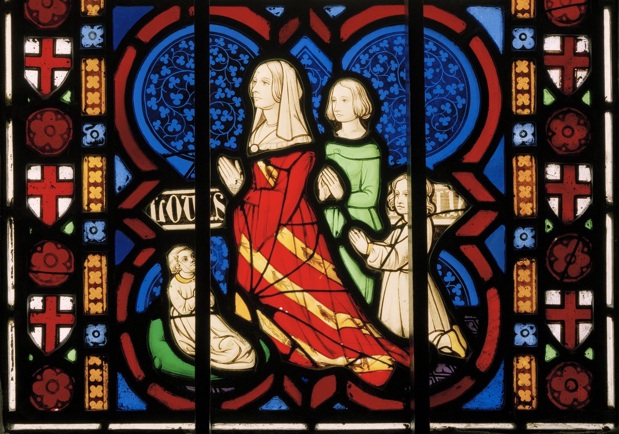 Druga żona Pugina, Louisa, z pasierbicą Anną i dwiema córkami Agnes i Katherine, Chapel East Window, ok. 1844 (witraż) autorstwa Augustus Welby Northmore Pugin