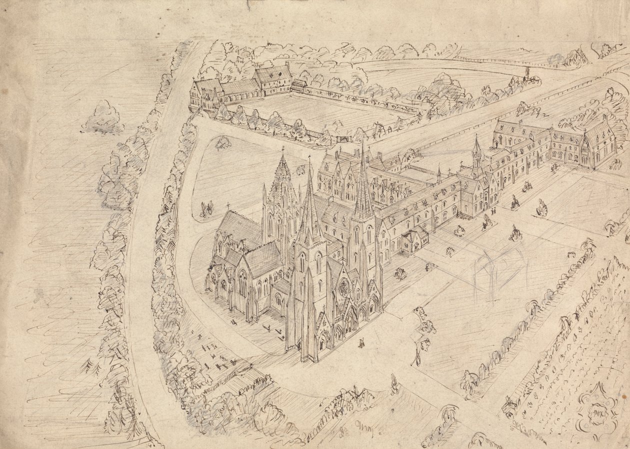 Szkic gotyckiego kościoła i klasztoru autorstwa Augustus Welby Northmore Pugin
