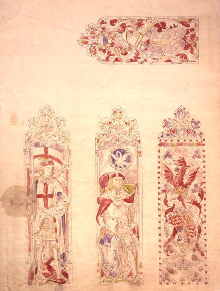 Projekt witraży do Pałacu Westminsterskiego (pióro i tusz oraz akwarela na papierze) autorstwa Augustus Welby Northmore Pugin