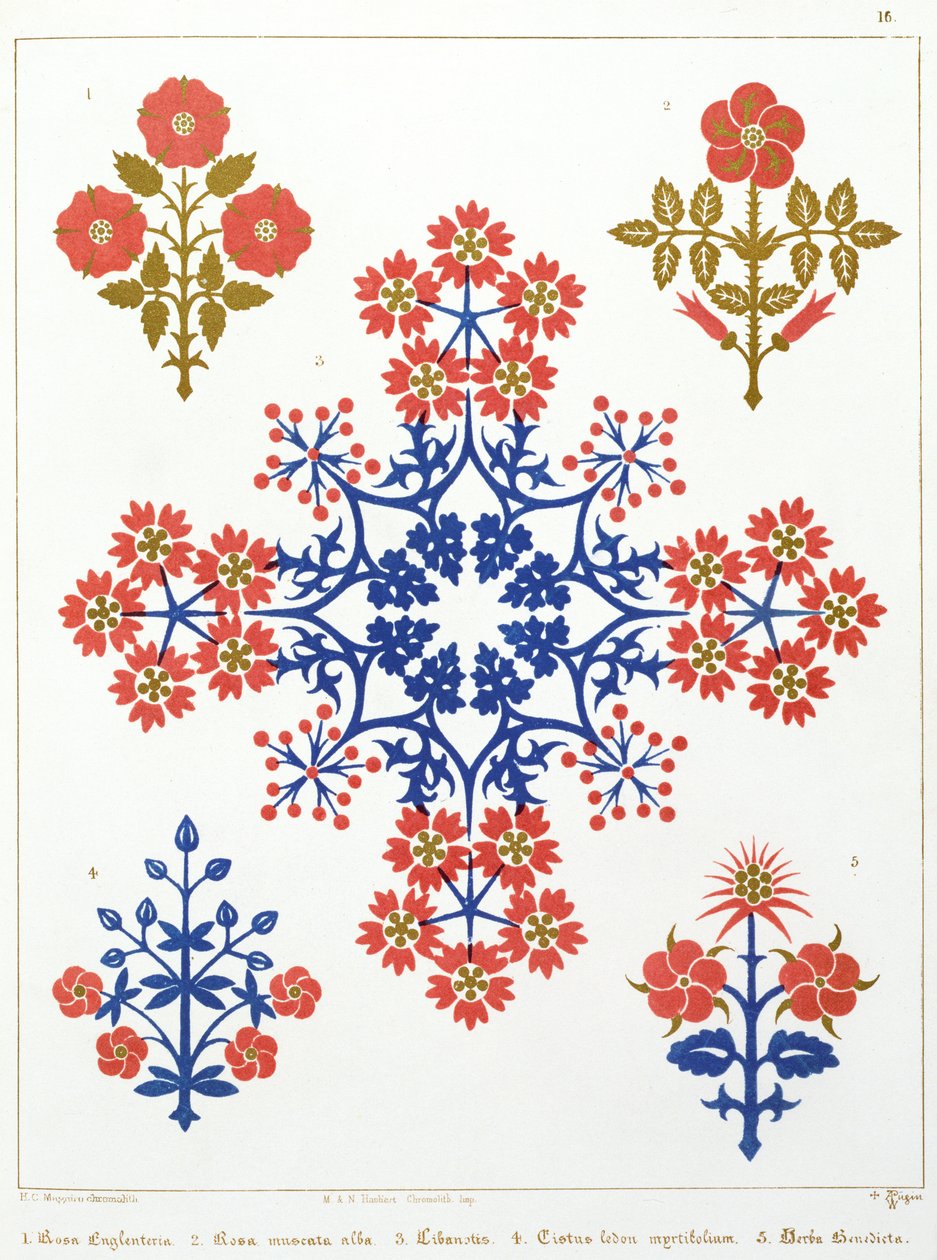 Tapeta z motywem fioletu, irysa i tulipana, wydrukowana przez M. und N. Hanhart autorstwa Augustus Welby Northmore Pugin