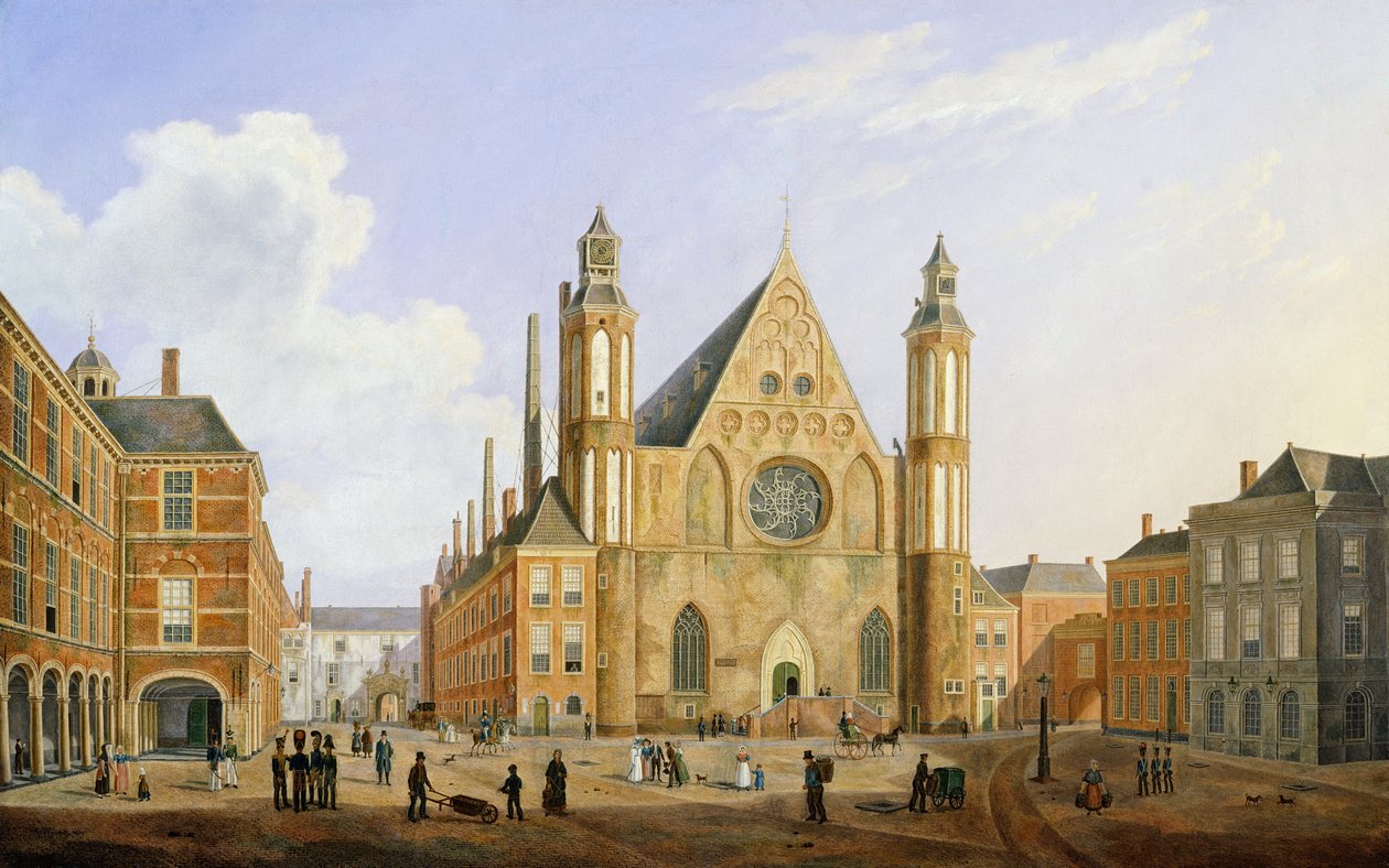 Binnenhof w Hadze z widokiem na Ridderzaal z żołnierzami i innymi postaciami na dziedzińcu autorstwa Augustus Wynantz
