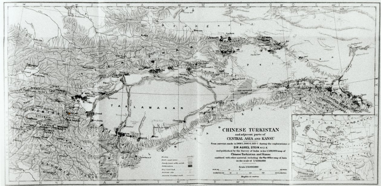 Mapa chińskiego Turkiestanu z książki Steina „Na starożytnych szlakach środkowoazjatyckich”, opublikowana w 1933 r. autorstwa Aurel Stein