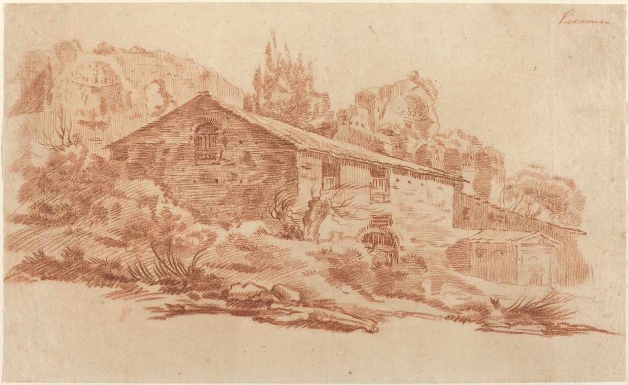 Rustykalny budynek wśród rzymskich ruin autorstwa Aureliano Milani