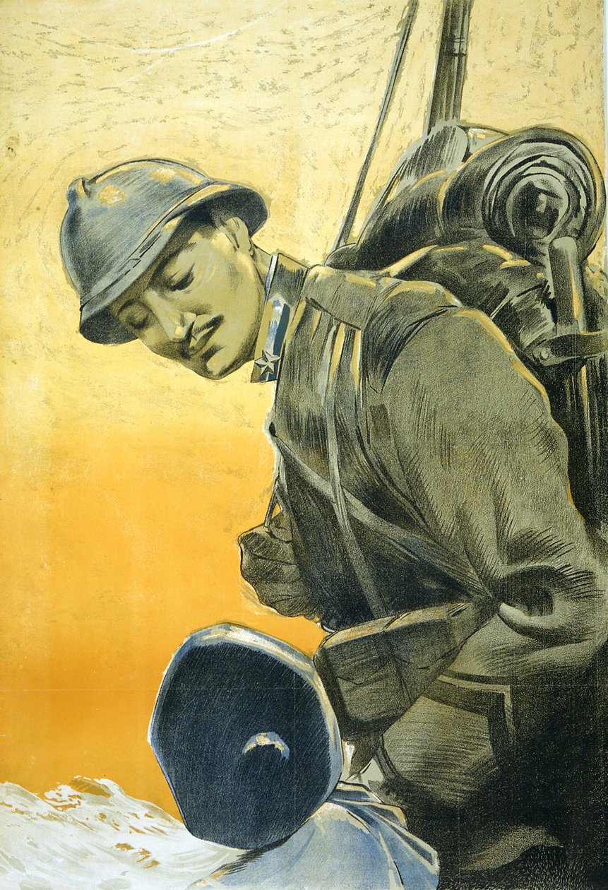 Włoski plakat z I wojny światowej przedstawia żołnierza patrzącego z góry na swojego małego synka. 1917 Aurelio Cffonara autorstwa Aurelio Craffonara