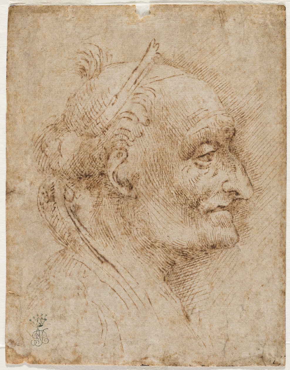 Stara głowa sklepienia po prawej, XVI w. (metaliczna końcówka, węgiel, pióro i atrament) autorstwa Aurelio Luini