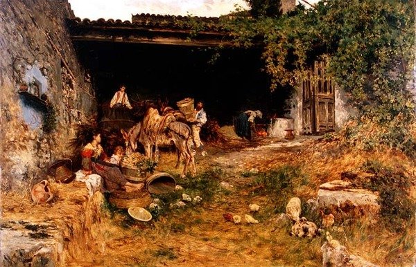 Włoskie Gospodarstwo (olej na panelu) autorstwa Aurelio Tiratelli