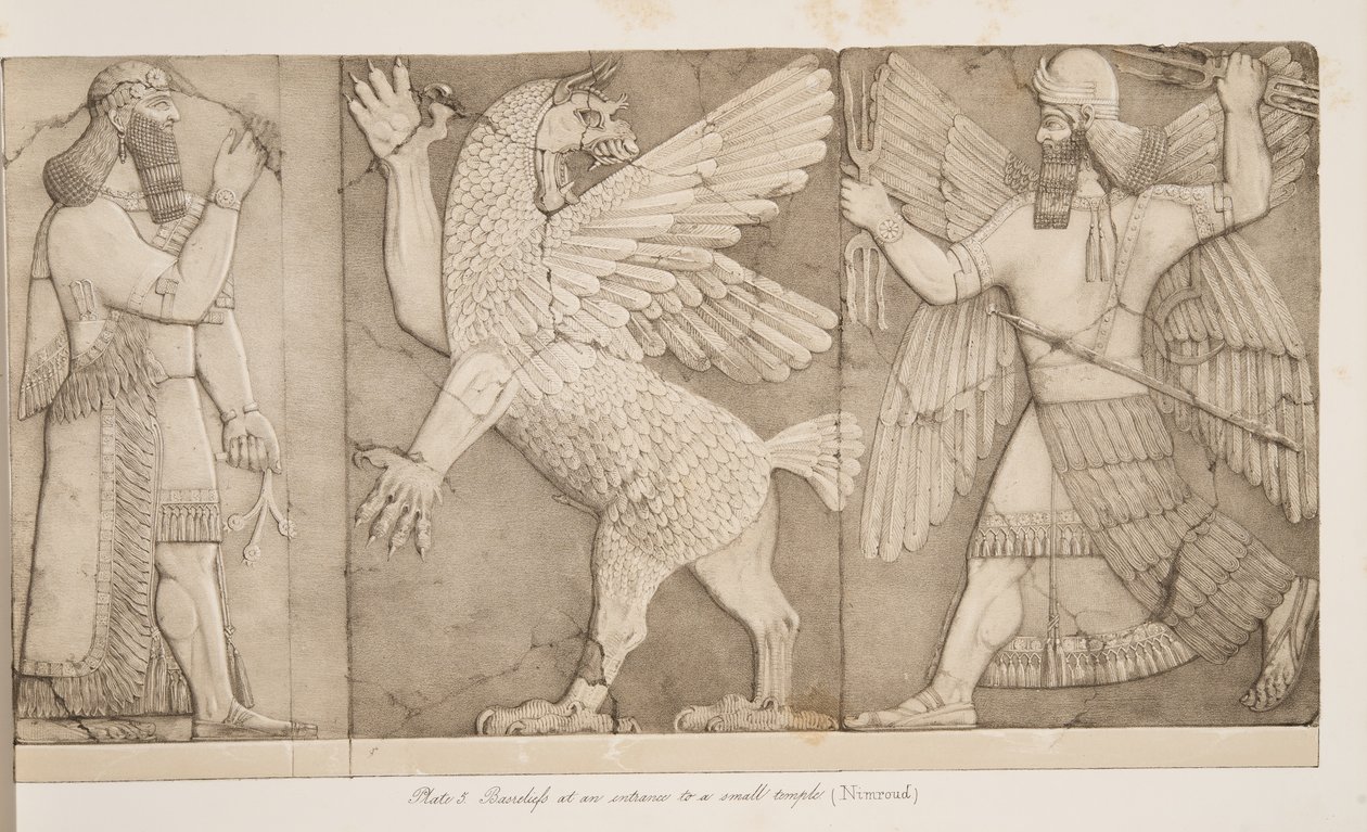Płaskorzeźby przy wejściu do małej świątyni (Nimroud), z Monuments of Niniveh, wyd. 1849 autorstwa Austen Henry Layard