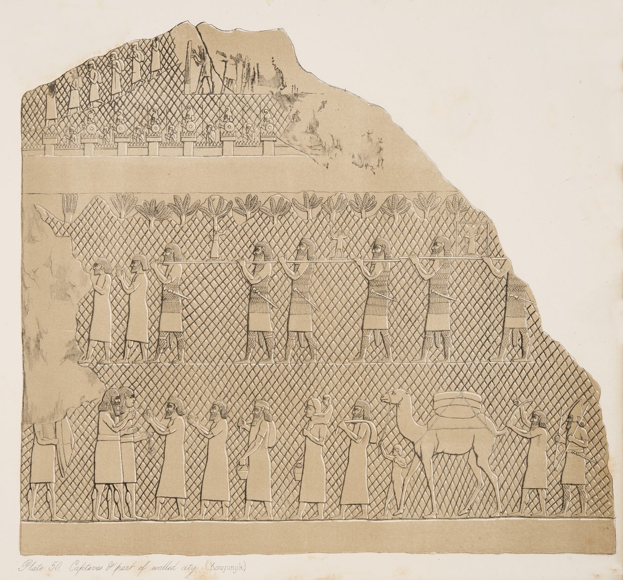 Jeńcy i część otoczonego murami miasta (Kouyunjik) ilustracja z Pomników Niniwy, 1858 autorstwa Austen Henry Layard