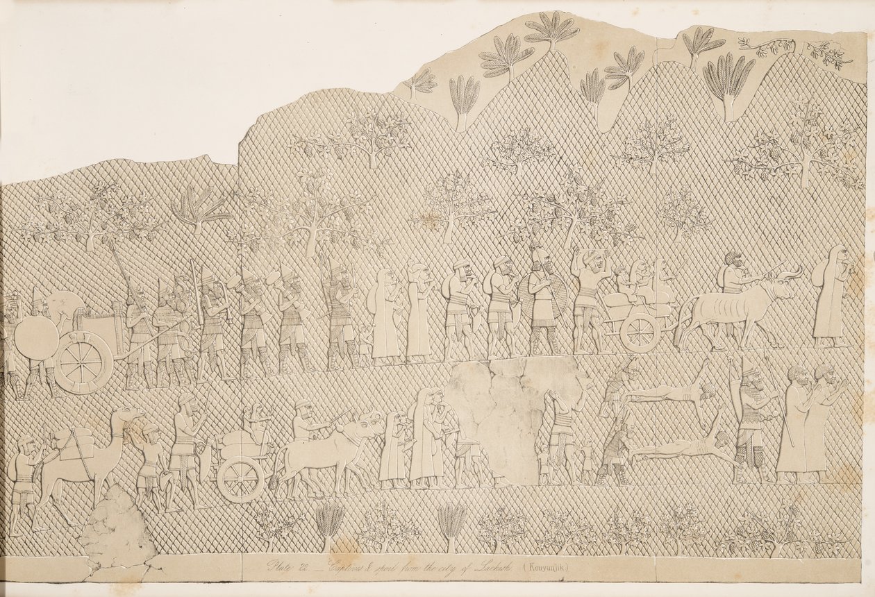 Jeńcy i łupy z Miasta Lachich, ilustracja z Monuments of Niniveh, 1858 autorstwa Austen Henry Layard