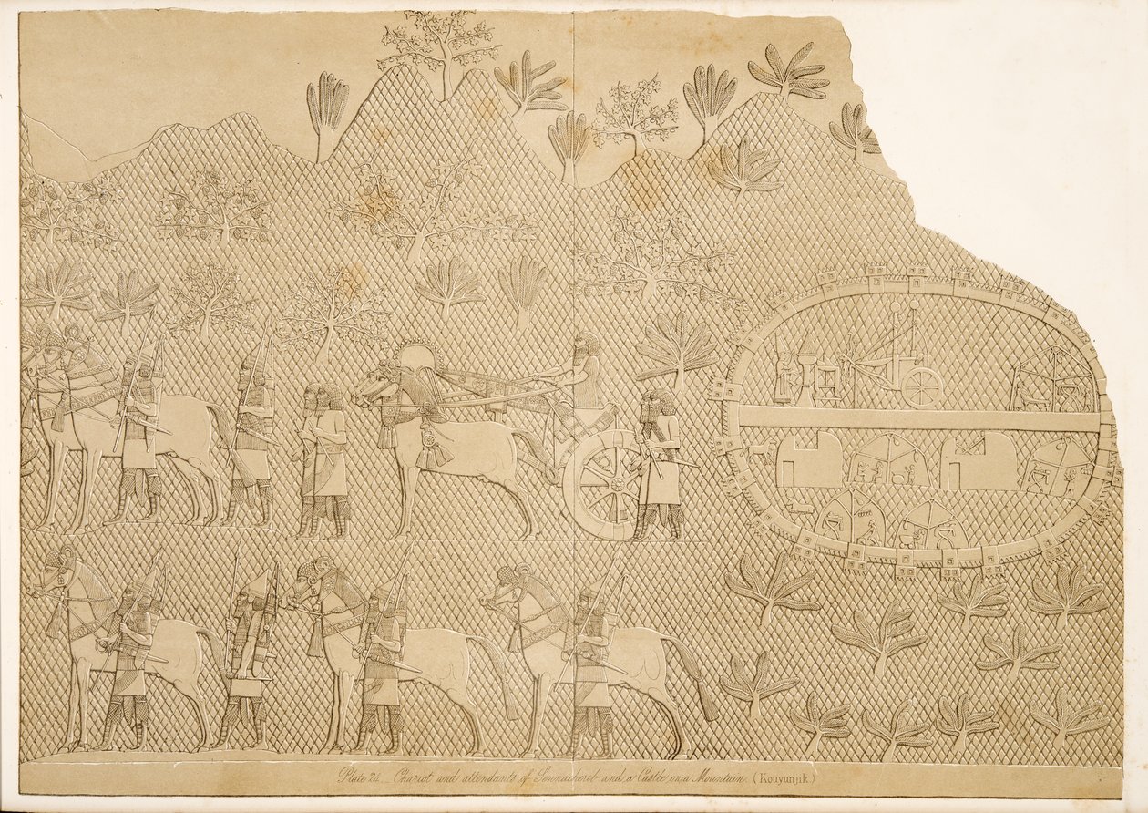 Rydwan i pomocnicy Sennacheryba i zamku na górze (Kouyunjik), z Monuments of Niniveh, wyd. 1849 autorstwa Austen Henry Layard