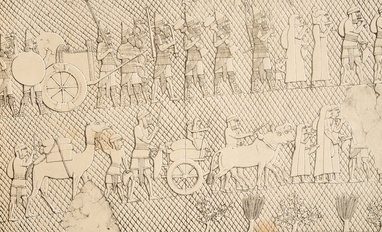 Detal z jeńców i łupów z miasta Lachich, ilustracja z Monuments of Niniveh, 1858 autorstwa Austen Henry Layard