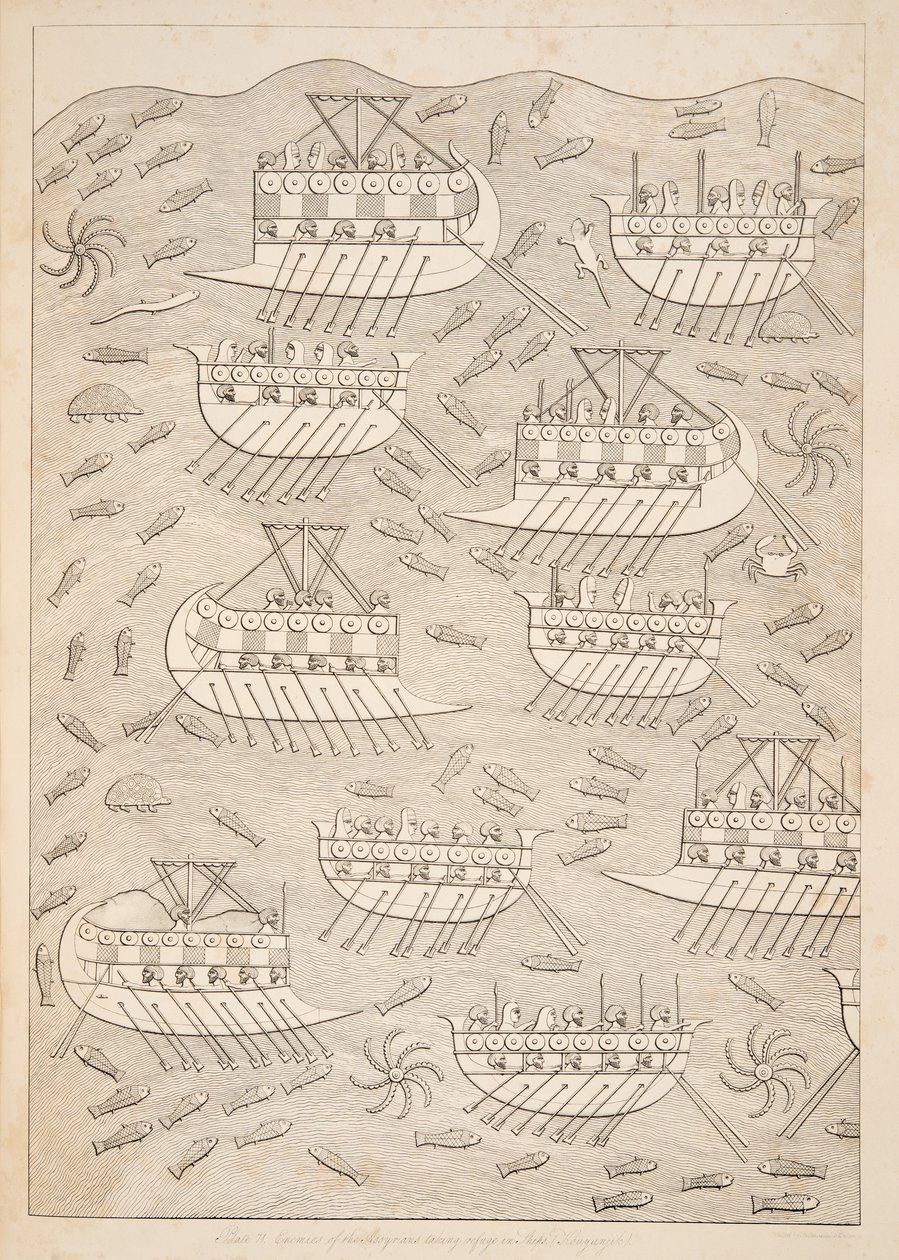Wrogowie Asyryjczyków schroniący się na statkach (Kouyunlik), z Monuments of Niniveh, wyd. 1849 autorstwa Austen Henry Layard