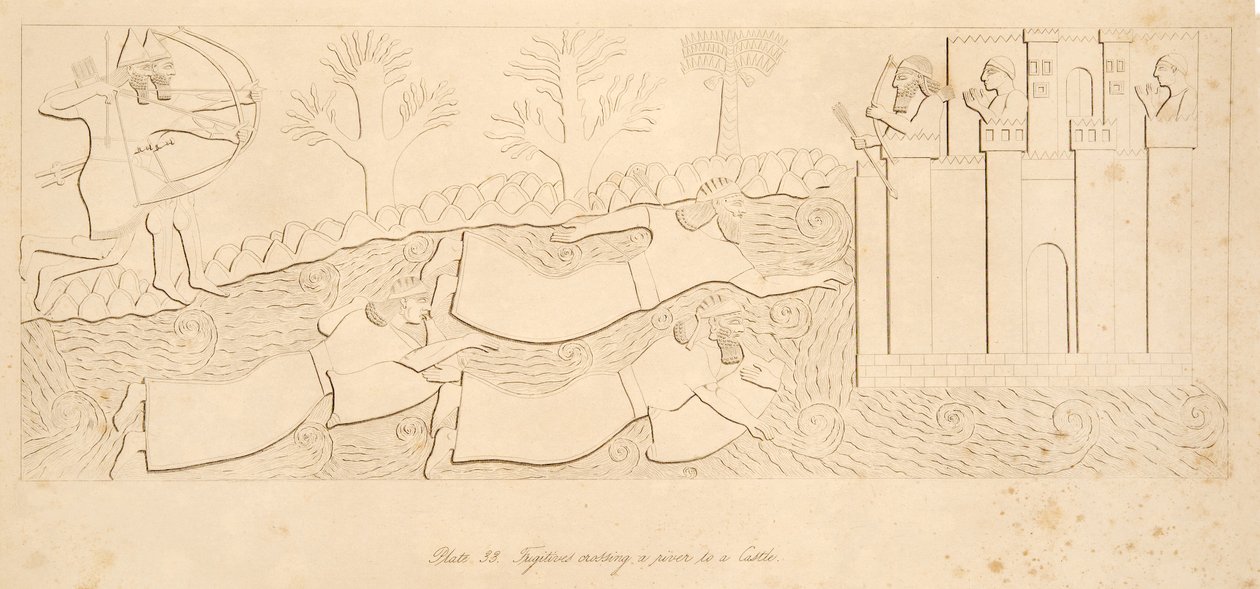 Uciekinierzy przeprawiający się przez rzekę do Zamku, z Monuments of Niniveh, pub. 1849 autorstwa Austen Henry Layard