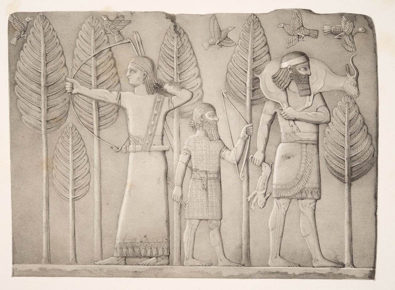 Myśliwi z Gazelą, zającem i ptakami (Khorsabad), z Monuments of Niniveh, wyd. 1849 autorstwa Austen Henry Layard