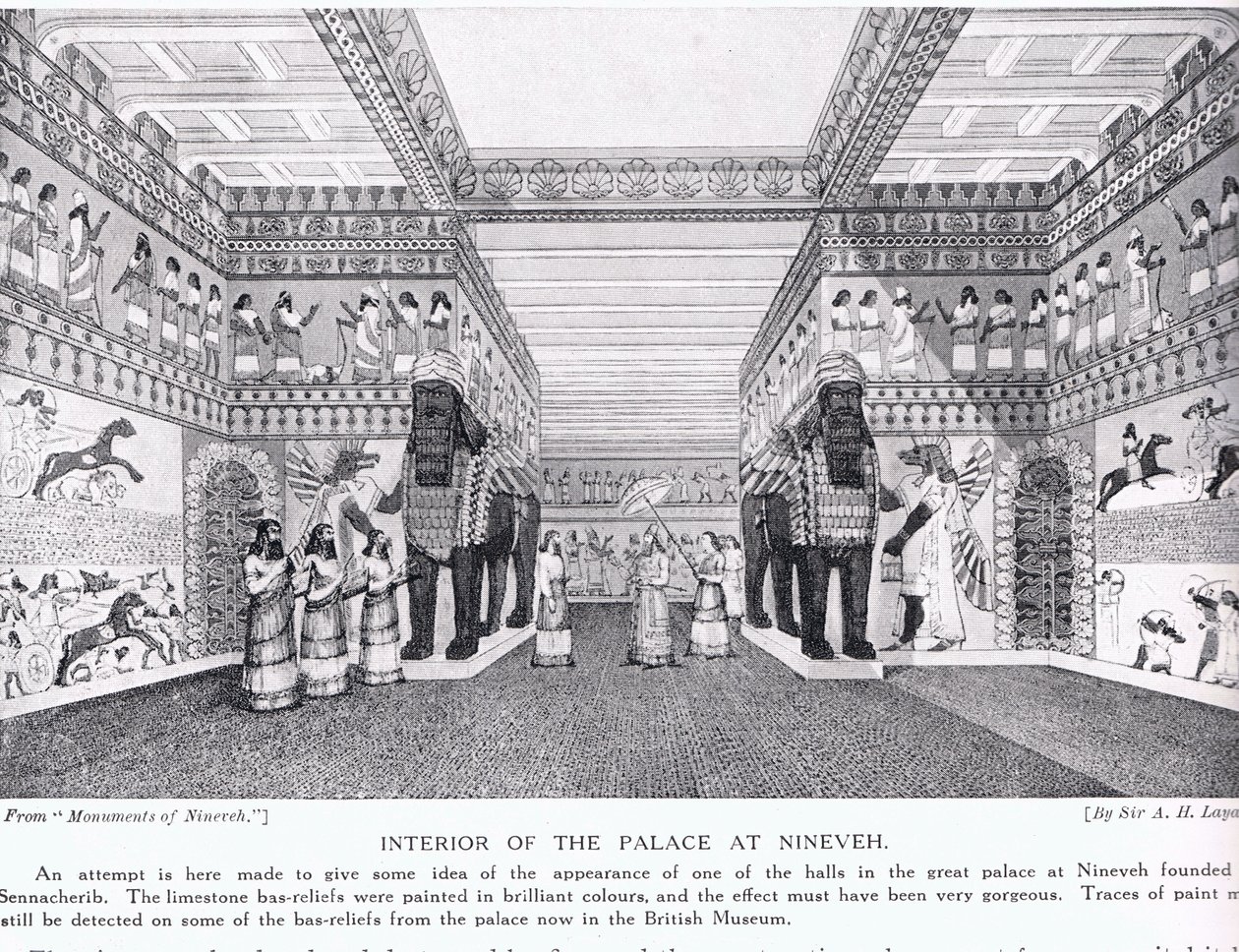 Wnętrze Pałacu Niniwy, ilustracja z „Historii Narodów Hutchinsona” autorstwa Austen Henry Layard