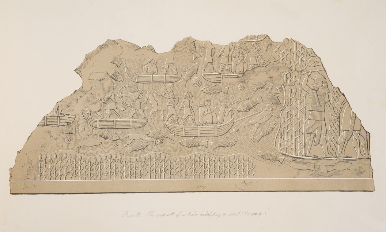 Podbój plemienia zamieszkującego bagna (Kouyunjik), z Monuments of Niniveh, wyd. 1849 autorstwa Austen Henry Layard