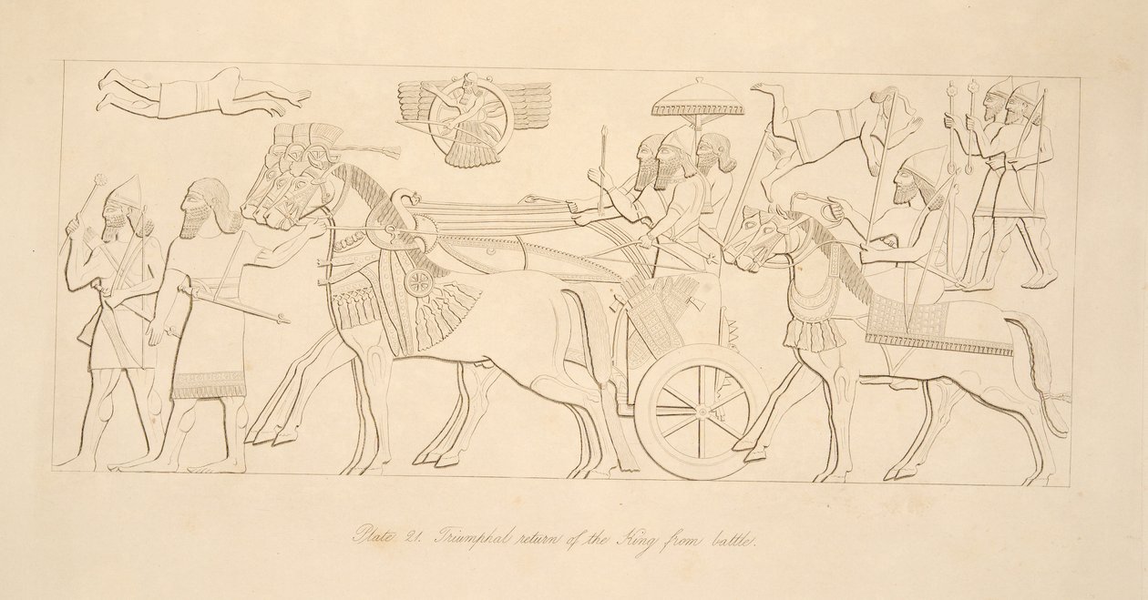 Triumfalny powrót króla z bitwy, z Monuments of Niniveh, wyd. 1849 autorstwa Austen Henry Layard