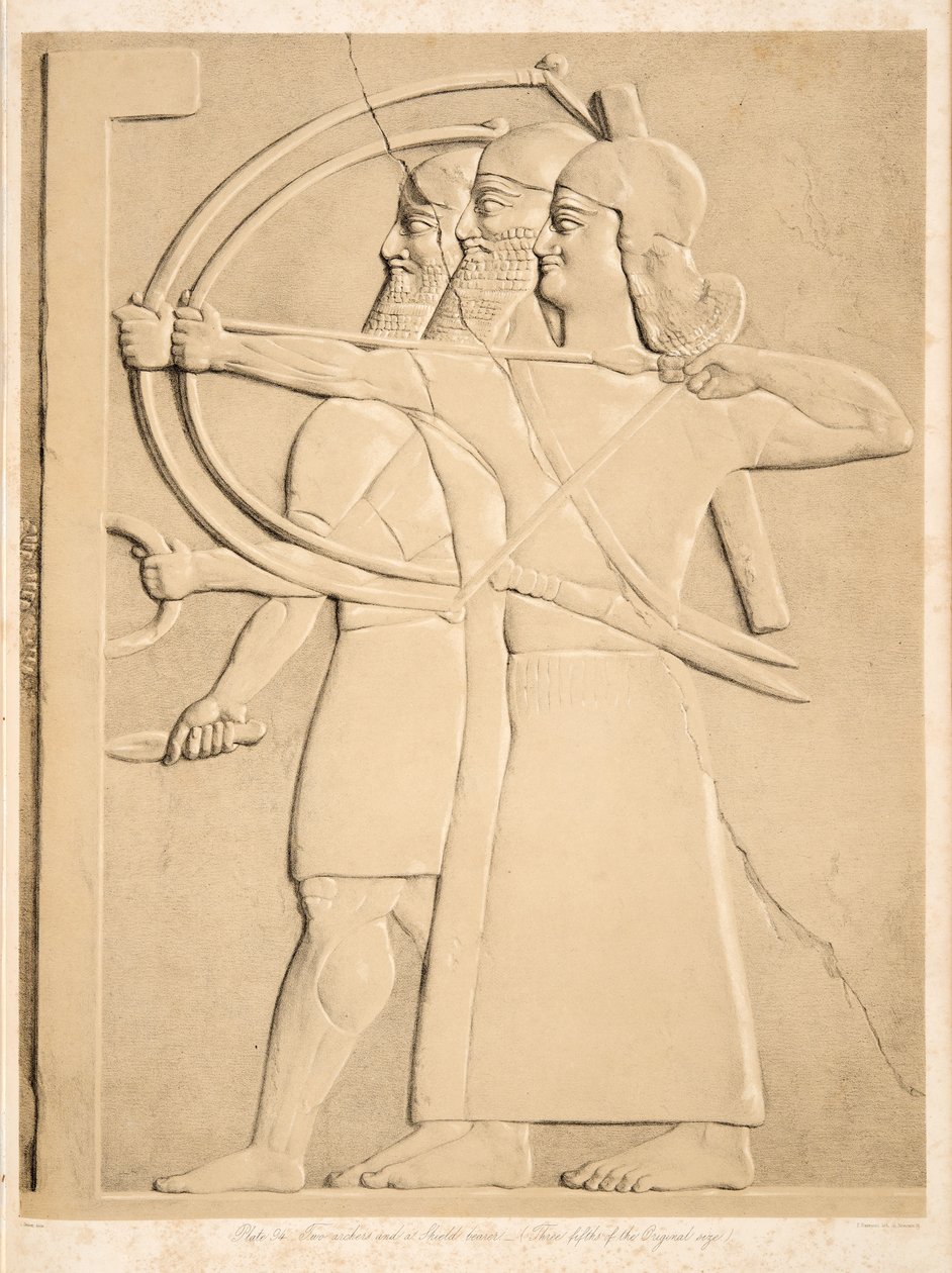 Dwóch łuczników i Tarczownik, z Monuments of Niniveh, wyd. 1849 autorstwa Austen Henry Layard