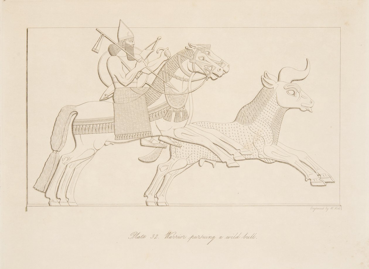 Wojownik ściga dzikiego byka, z Monuments of Niniveh, wyd. 1849 autorstwa Austen Henry Layard
