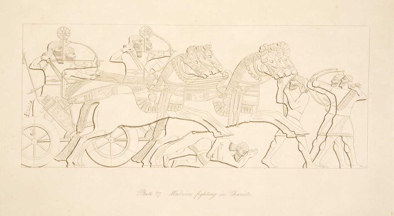 Wojownicy walczący w Rydwanach, z Monuments of Niniveh, wyd. 1849 autorstwa Austen Henry Layard