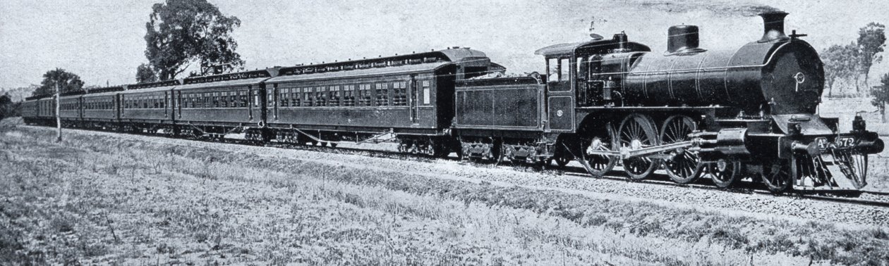 Melbourne-Sydney Express, ok. 1900, z „Pod Krzyżem Południa – Przebłyski Australii”, opublikowane przez Department of External Affairs, Melbourne, 1908 autorstwa Australian Photographer