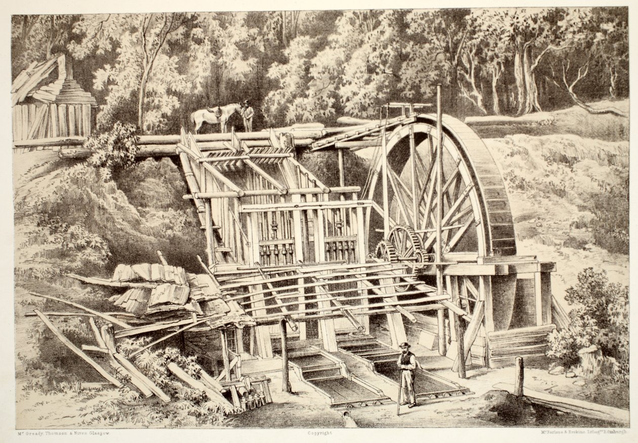 Młyn do kruszenia kwarcu, z Historii Australazji autorstwa Davida Blaira, McGrady, Thomsona i Nivena, 1879 autorstwa Australian School