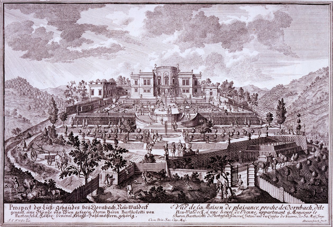 Ogród przyjemności i willa wiejska Batona Bartholottiego, dowódcy wojsk HRE, Dornach, ok. 1719 autorstwa Austrian School