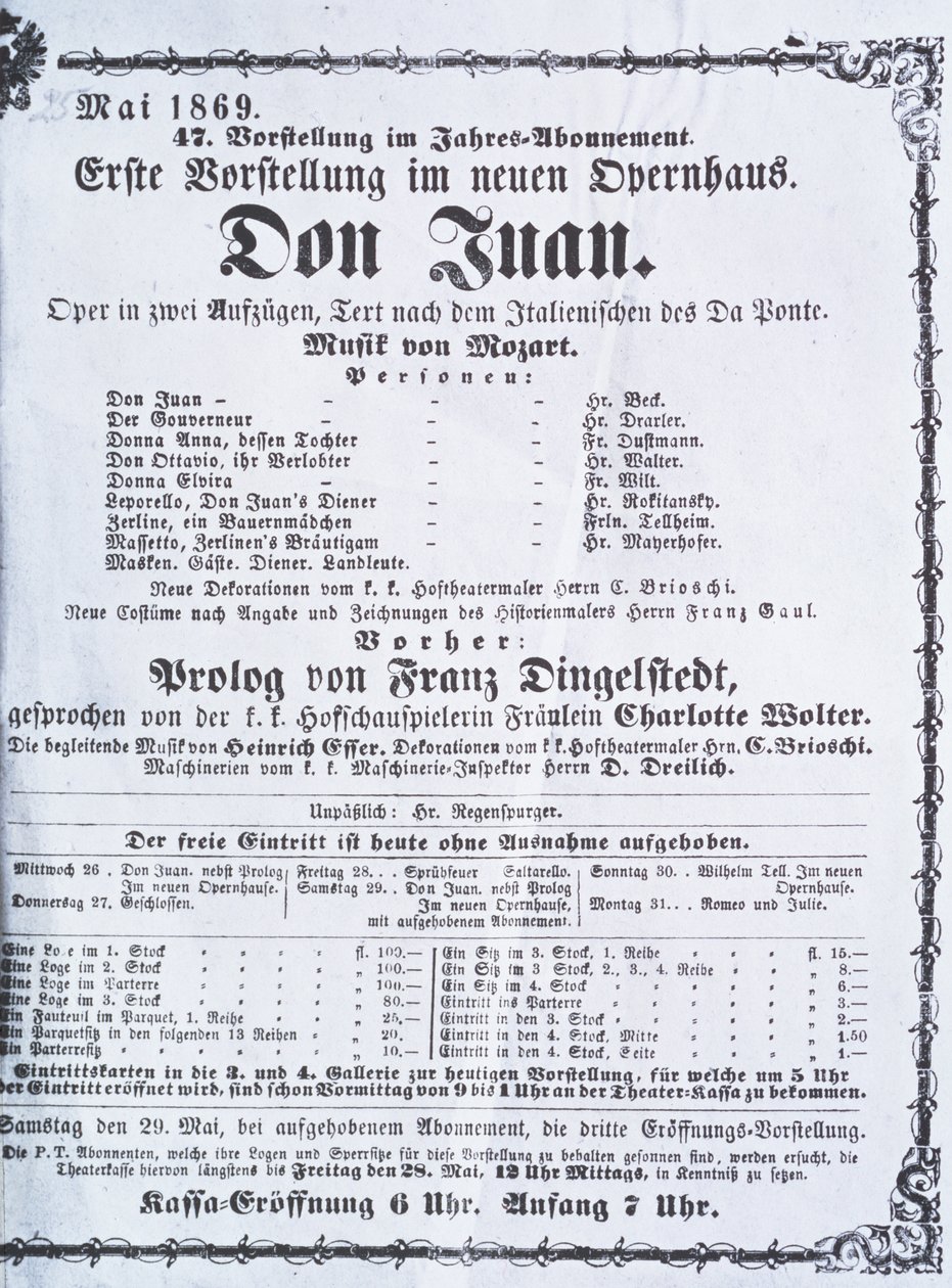 Plakat reklamujący wykonanie „Don Juana” (Don Giovanni) Wolfganga Amadeusza Mozarta (1756-91) maj 1869 autorstwa Austrian School