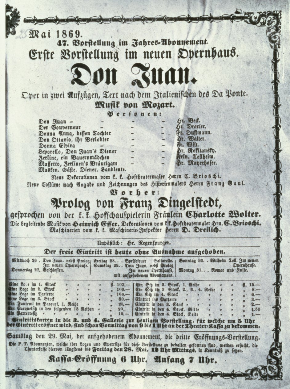 Plakat reklamujący wykonanie „Don Juana” (Don Giovanni) Wolfganga Amadeusza Mozarta (1756-91) maj 1869 autorstwa Austrian School