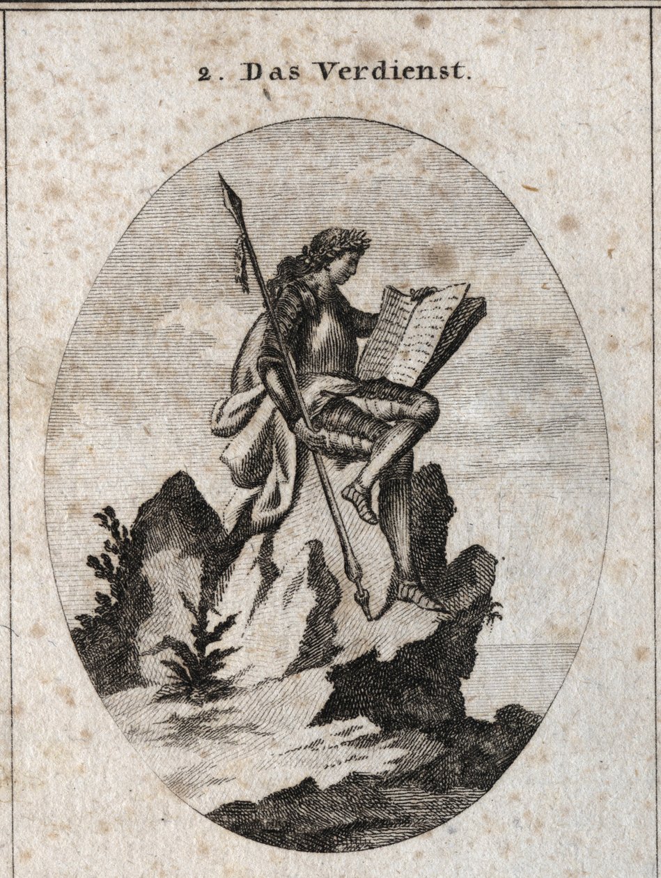 Allegorie du merite przedstawia na szczycie stromej skały z bronią i symbolizującą ją księgą jako rezultat jego prac i studiów. Grawerowanie w „” ikonologii lub pomysłach z zakresu pasji i alegorii przedstawionych do rysowania autorstwa Austrian School