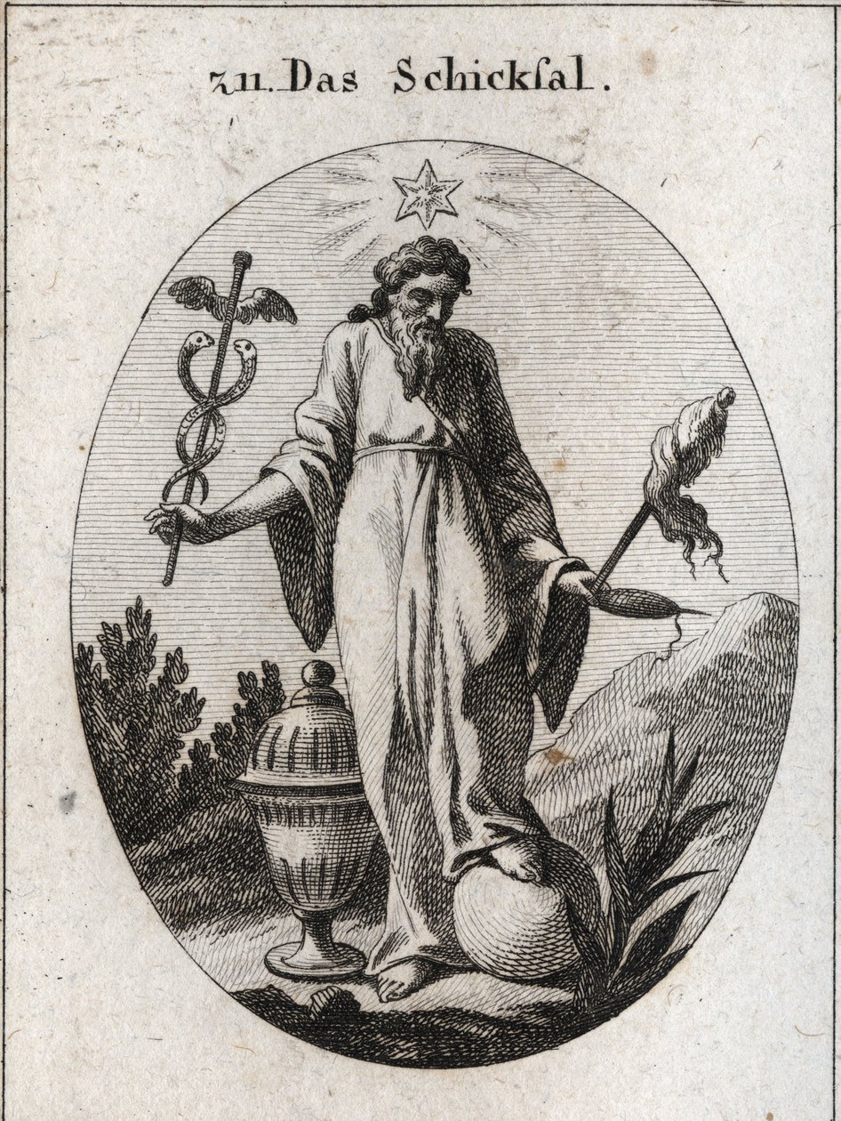 Alegoria losu. Gwiazda nad nim przedstawia raporty astrologii o wydarzeniach z życia ludzkiego. W jednej ręce trzyma liściasty symbol swojej mocy, az drugiej symbol pałki i fiuseau, którego zerwana nić wskazuje na kruchość życia. Ziemia autorstwa Austrian School