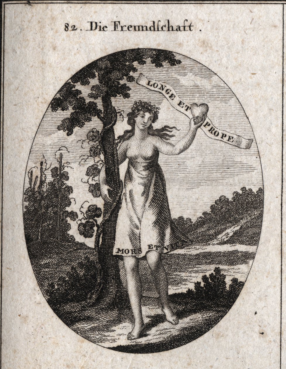 Alegoria przyjaźni. Kwiaty mirtu i granatu na jego koronie są symbolami miłości i harmonii. Przedstawia serce z napisem: „Longe et prope”” (Z daleka i z bliska). Na dole jego sukienki widnieje napis „Suki et vita” (Śmierć i życie). autorstwa Austrian School