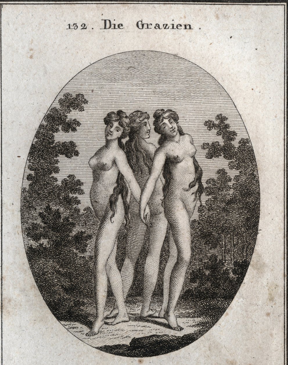 Alegoria Łask. Trzy łaski: Euphrosine oznaczająca agresję i zadowolenie, Aglaya symbolizująca imponujące piękno i Thalia zachwyt. Grawerowanie w „” ikonologii lub idei z zakresu pasji i alegorii przedstawionych dla Ze autorstwa Austrian School