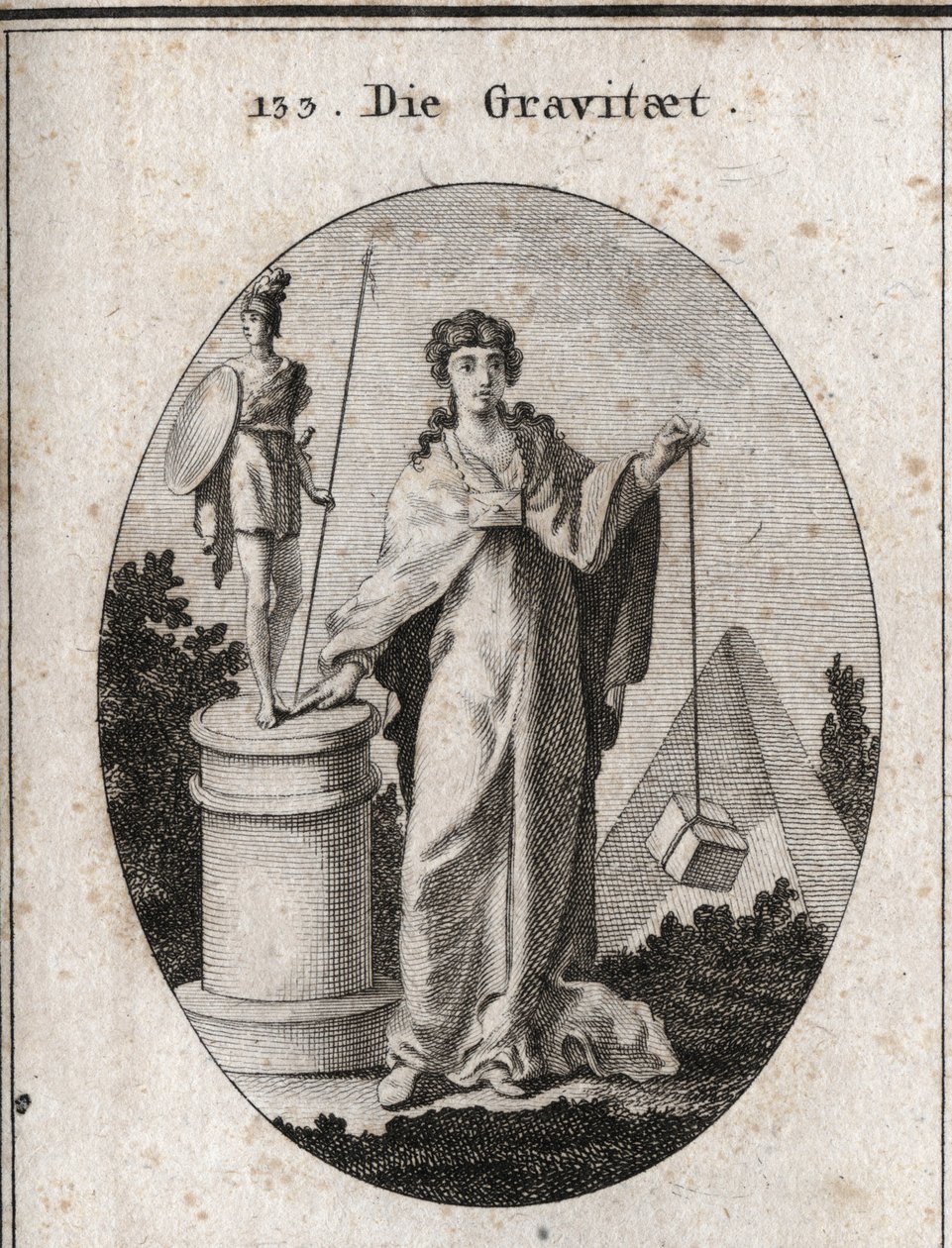 Alegoria grawitacji. Złoty łańcuszek, do którego przymocowany jest papier, symbolizuje zaufanie. Kolumna i posąg oznaczają zachowanie chwalebnych działań, a kamień oznacza ważenie. Grawerowanie w „” Iconologie oder Ideen aus dem Gebiete der Leidenschaften autorstwa Austrian School