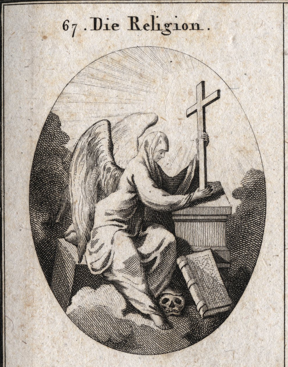 Alegoria religii. Biała zasłona zakrywa jego głowę, wskazując, że tajemnice są nieprzeniknione. Siedzi na kamieniu węgielnym i trzyma promienny krzyż na ołtarzu, na dole którego znajduje się księga 4 Ewangelii. Jego stopa na głowie śmierci oznacza triu autorstwa Austrian School